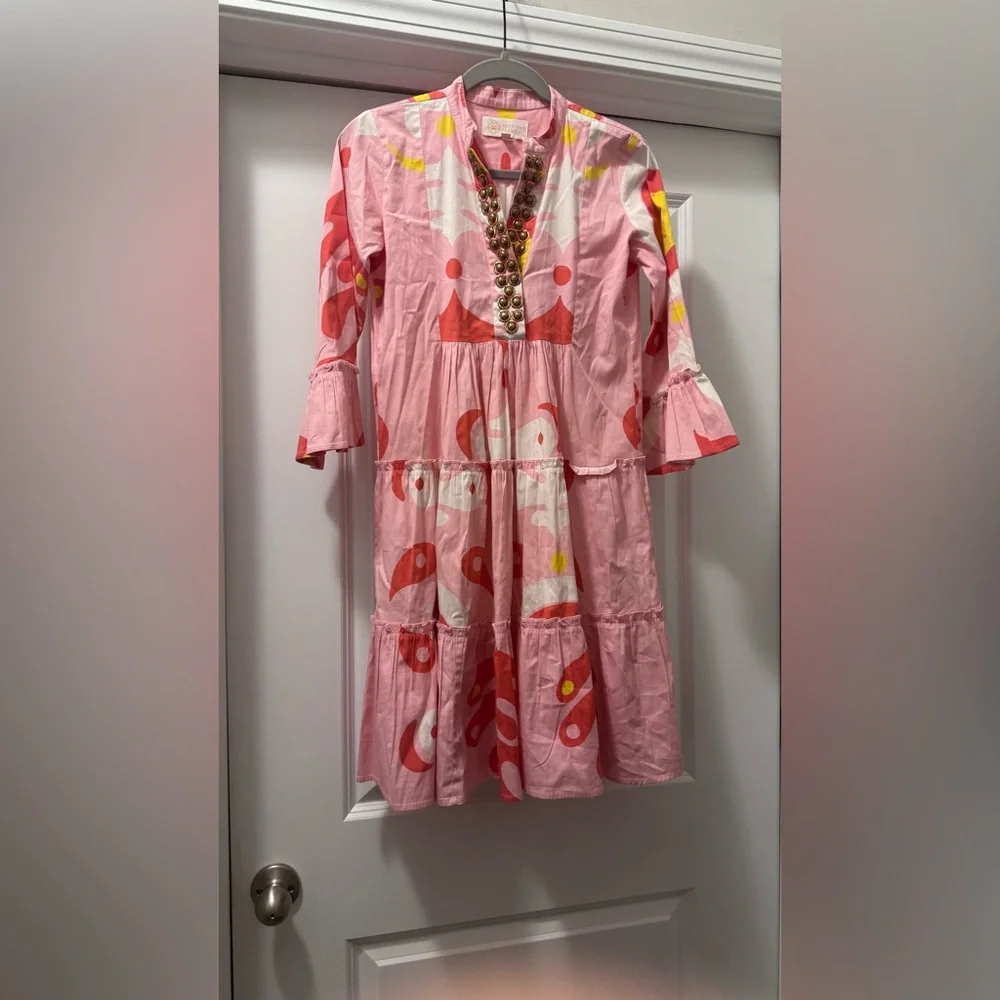 Chic Pink Patterned Midi Dress - Picture 1 of 8